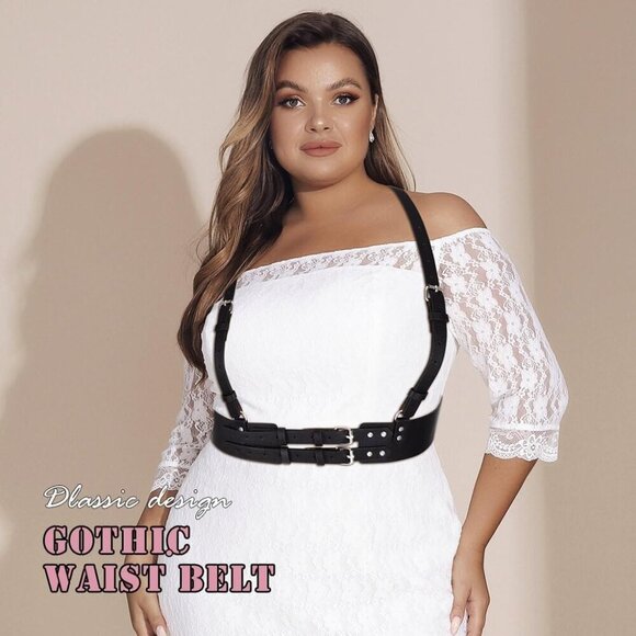 Plus Size Black PU Harness Wide Waist Belt Gothic Punk Rave Costume Accessory main image 4